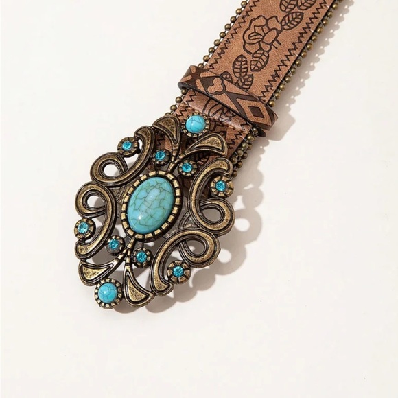 Floral Pattern Brown PU Leather and Turquoise Western Vintage Belt - Picture 3 of 5